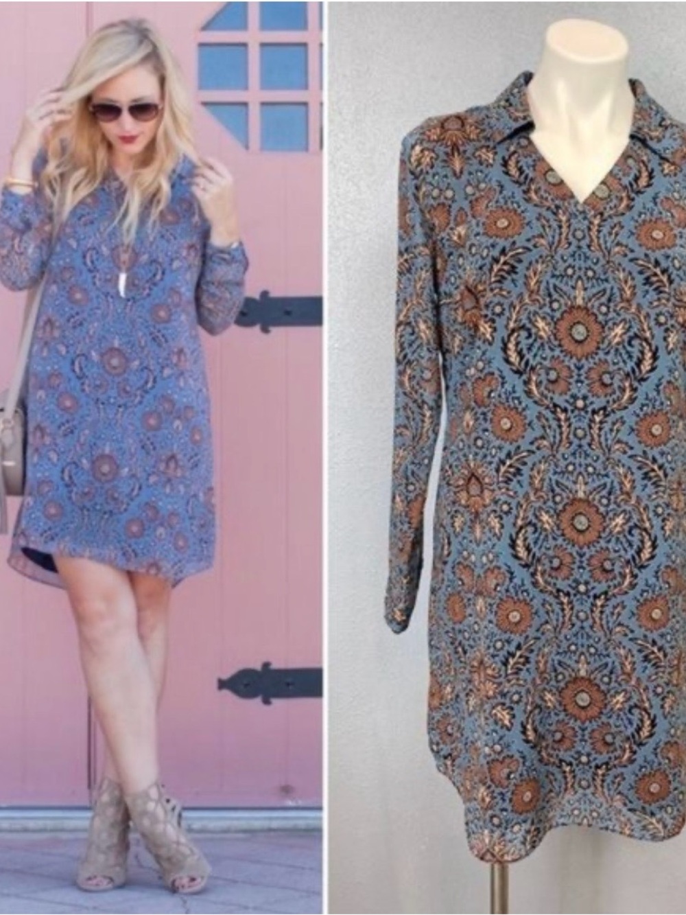 CAbi ProvincialBlue Paisley-Print Long-Sleeve Shift Dress-#3295